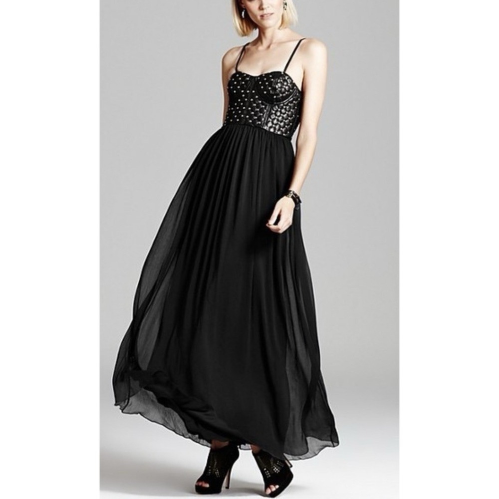 Alice + Olivia Ciel 100%!Leather Corset Maxi Dress Studded Black Gown Goth 4